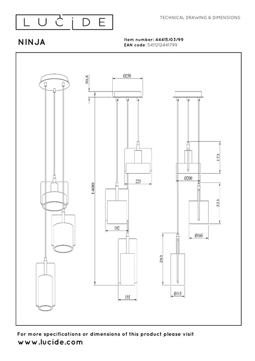 Lucide NINJA - Pendant light - 3xE27 - Multicolor - technical